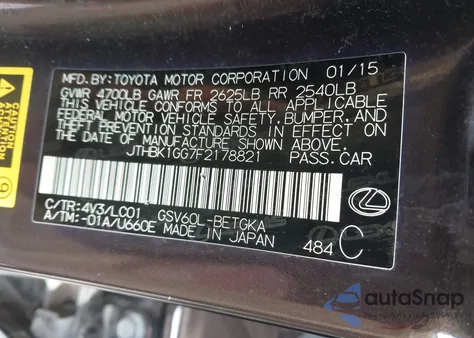 2015 Lexus Es 350 from USA, damaged, VIN JTHBK1GG7F2178821